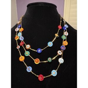 Vintage Millefiori Glass Candy Necklace Triple Goldtone Chain Flat Flowers
